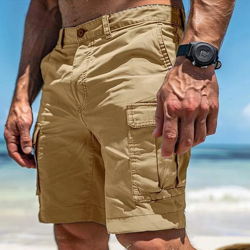 Mens casual loose cargo shorts summer trend multi pocket patch work mens fashionable solid color straight 250403