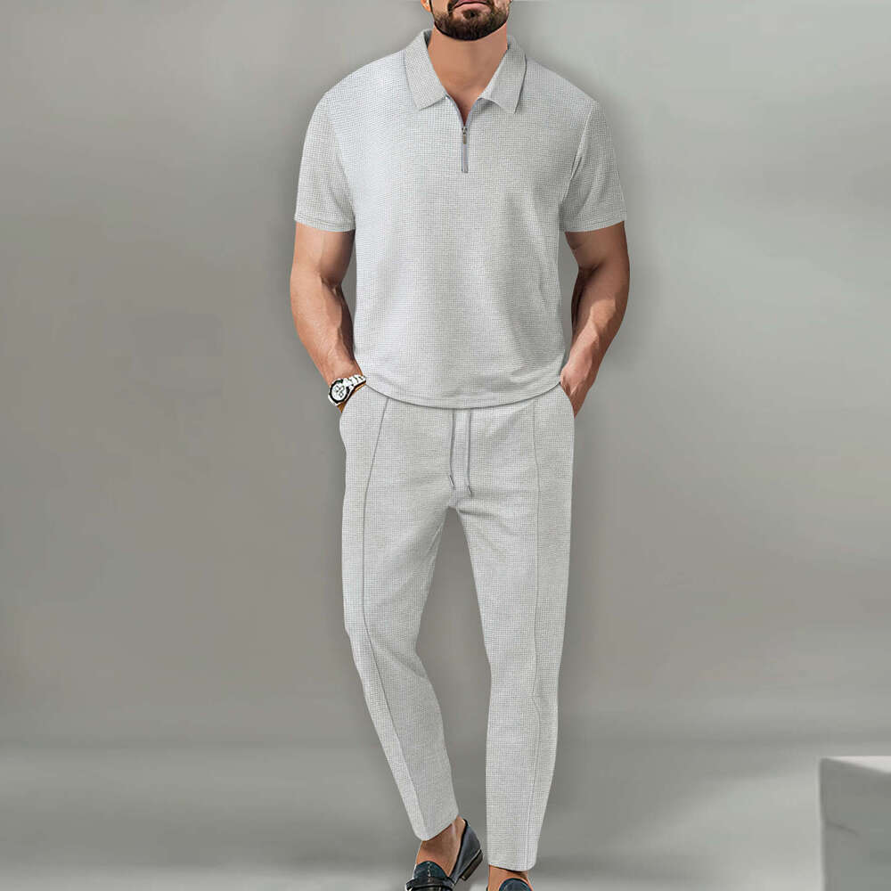 Autumn European and American Men's Solid Color Waffle Collar Short Sleeve Zipper Pants Set 2025 New Casual Fashion Trendy Clothing