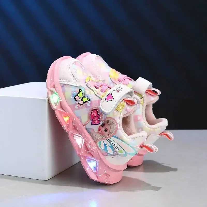 Elsa Princess Print Pu Leather Shoes for Children Non slip Pink Purple W250407