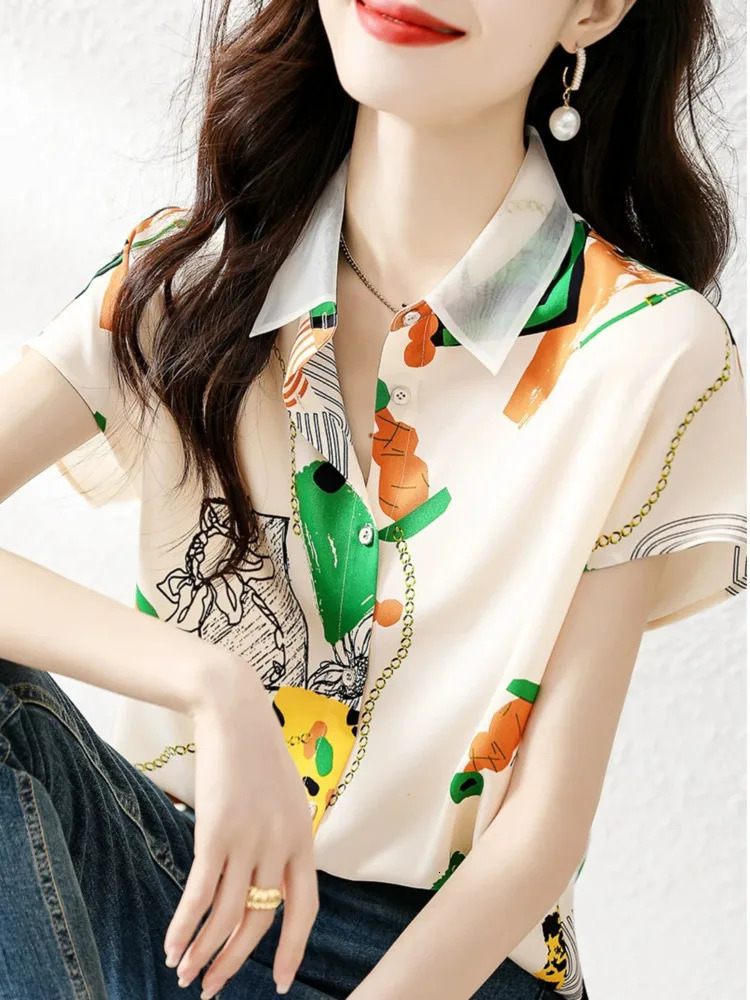 #3304 Summer Vintage Short Chiffon Printed Short Sleeve Shirt Women Sexy Thin France Style Womens Tops And Blouses Loose 250408