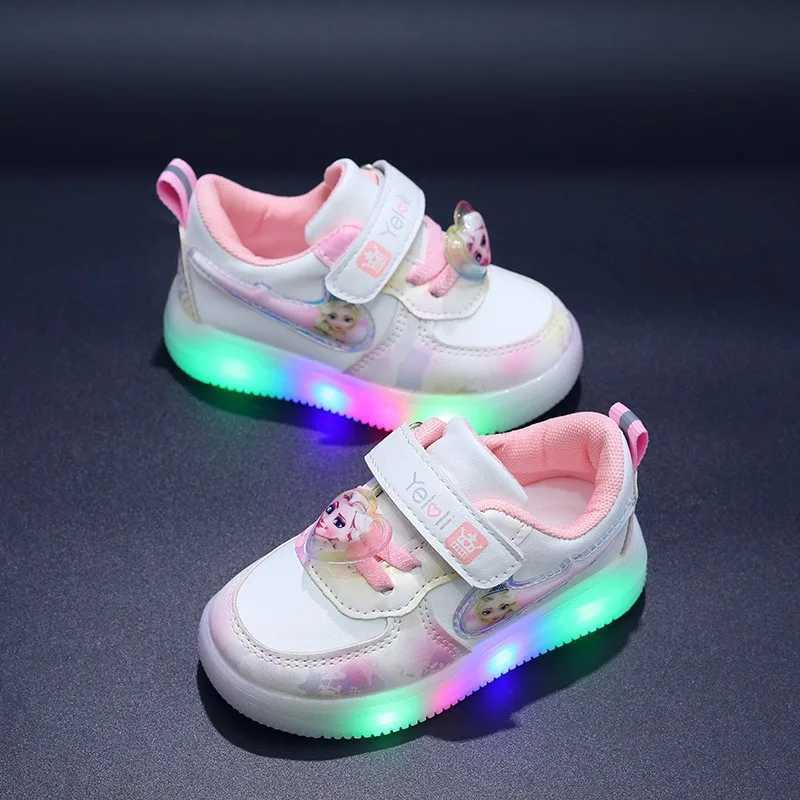 Boutique Fashion Girls Casual Sneakers Elsa Princess Cute Childrens LED Light Shoes Spring/Summer Baby Board Shoes W250407