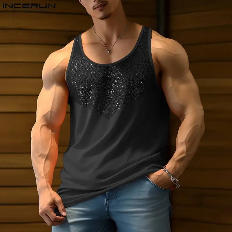Fashion slim fit top INCERUN mens sparkling fabric mesh patchwork vest casual sports mens sleeveless vest S-5XL 250402