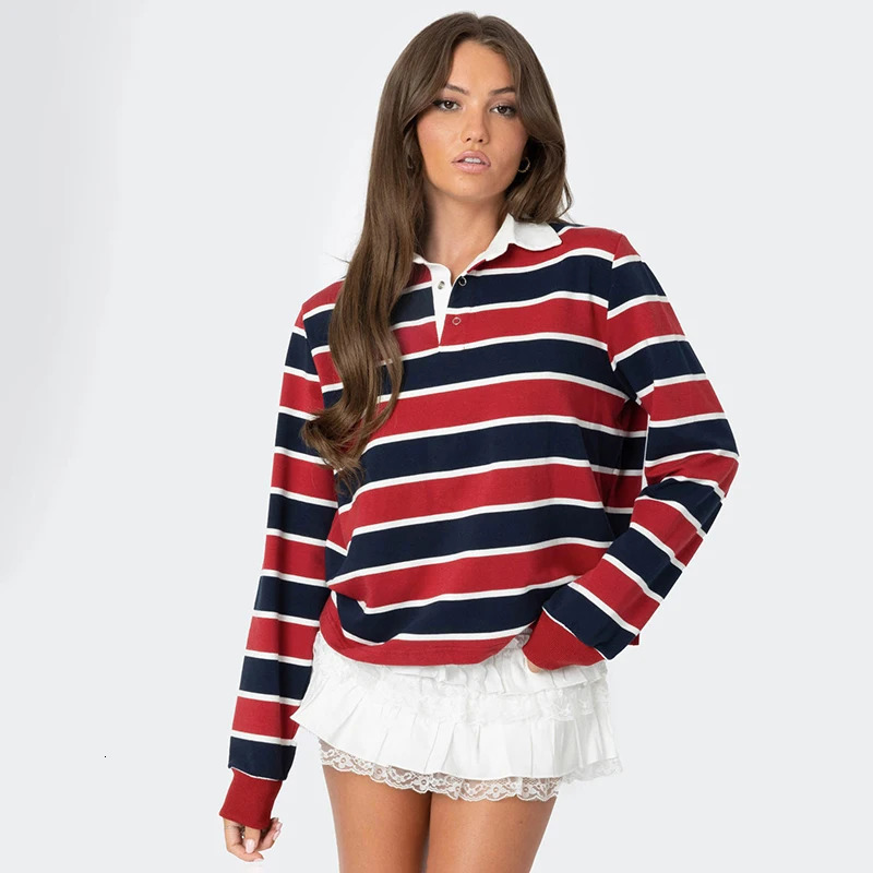 CUTENOVA Autumn Striped Polo Shirt Womens Fashionable Long Sleeve Sportwear Harajuku Pullover Casual Wear Base Shirt 250408