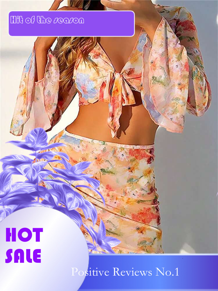Dongdumaoyi Piece Bikini Set Women Orange Floral Print Long Sleeve Mesh Cover Up Ruffle Skirt Swimsuit Sexy Bathing Suit Swimwear