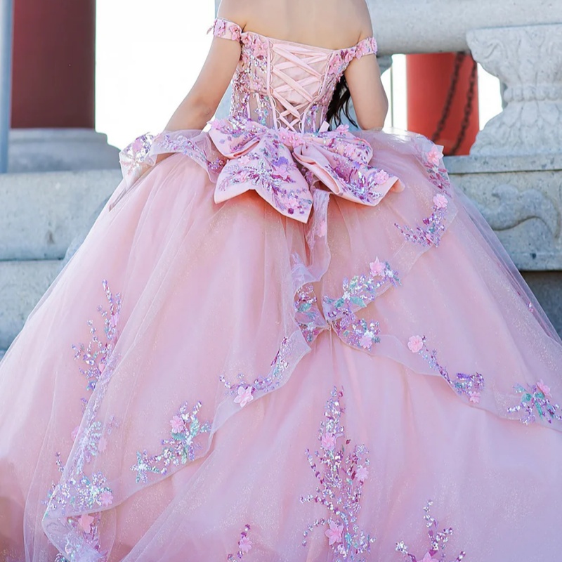 Pink Quinceanera Dresses Off Shoulder Ball Gown Sweet 16 Dress Sequin Applique Lace Beads Bow Tull Birthday Party Vestidos 15 De Anos