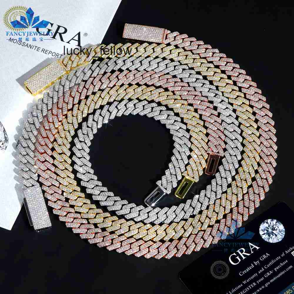 Hot Selling VVS Moissanite Necklace 8mm 10mm 12mm 2 Rows 925 Solid Silver Cuban Link Vintage Style Iced Hip Hop Jewelry