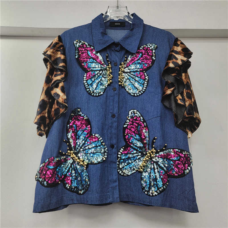 Bright sequin women's clothing; beautiful denim short-sleeved butterfly sequin top and straight-leg wide-leg trousers two-piece suit L251108