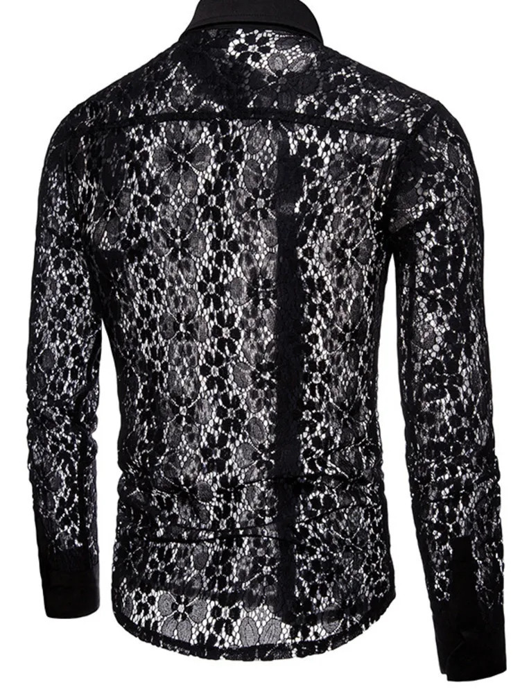 #4626 Black White Lace Mens Shirts Long Sleeve Sexy Thin Hollow Out See Through Clothes Party Night Club Dance Streetwear Shirts 250407
