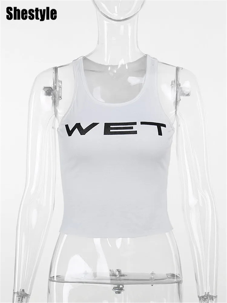 Shestyle Wet Letter Print White Tank Top Transparent Sexy Sleeveless Crew Neck Crop Camisole Streetwear Summer Y2K 250407