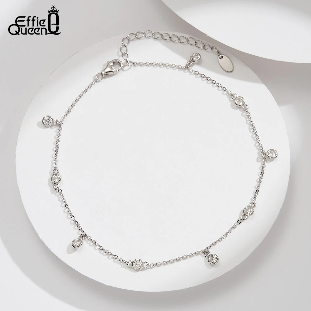 Effie Queen 925 Sterling Silver Row Cubic Zirconia Beaded Ball Chain Anklet for Women Fashion Foot Ankle Straps Jewelry SA70 250403