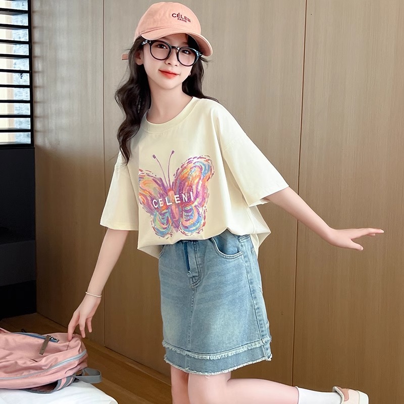 Ddmyshoesvip Girls Short Outfit Big Children S Cotton Summer T Shirt Little Girls Butterfly Print Half Sleeved Top Thin
