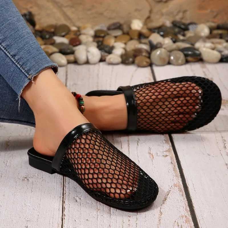Summer Mesh Cold Smooth Womens Sparkling Crystal Stud Flat Muller Shoes Fish Net Hollow Ballet Dance Shoes Net Semi SmoothXJ250407