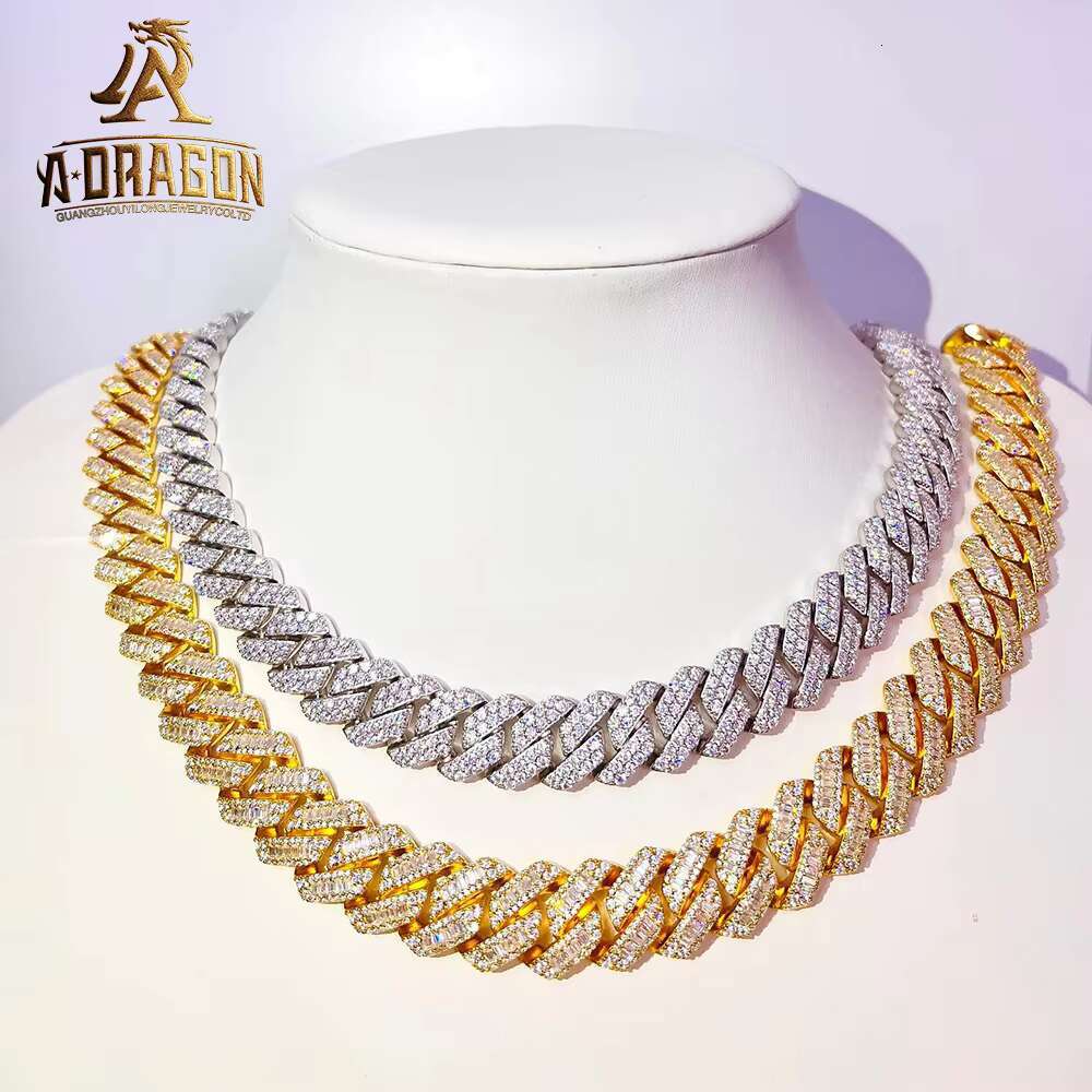 20mm Sterling Silver 22K Gold Plated Moissanite Diamond Man Necklace Cuban Chain for Men