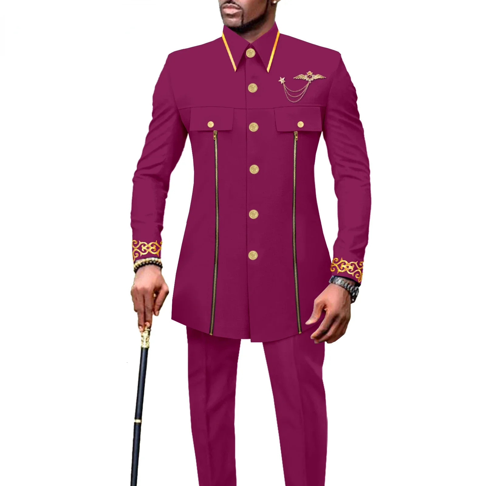 fashion casual African ethnic pure color cotton mens embroidered jacketpants 2 sets of fun suit 250408