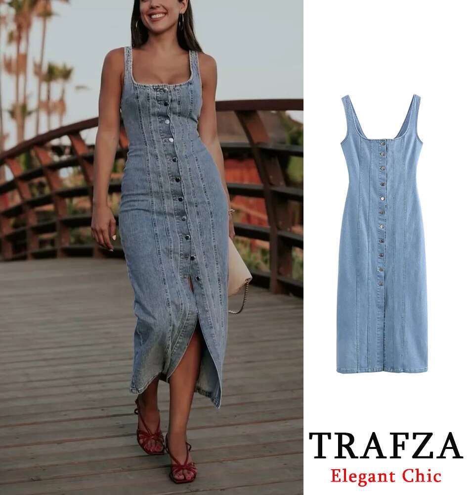 TRAFZA Casual Elegant Denim Halter Women's Buttons Slim New 2024 Summer Fashion Holiday Basic Dress