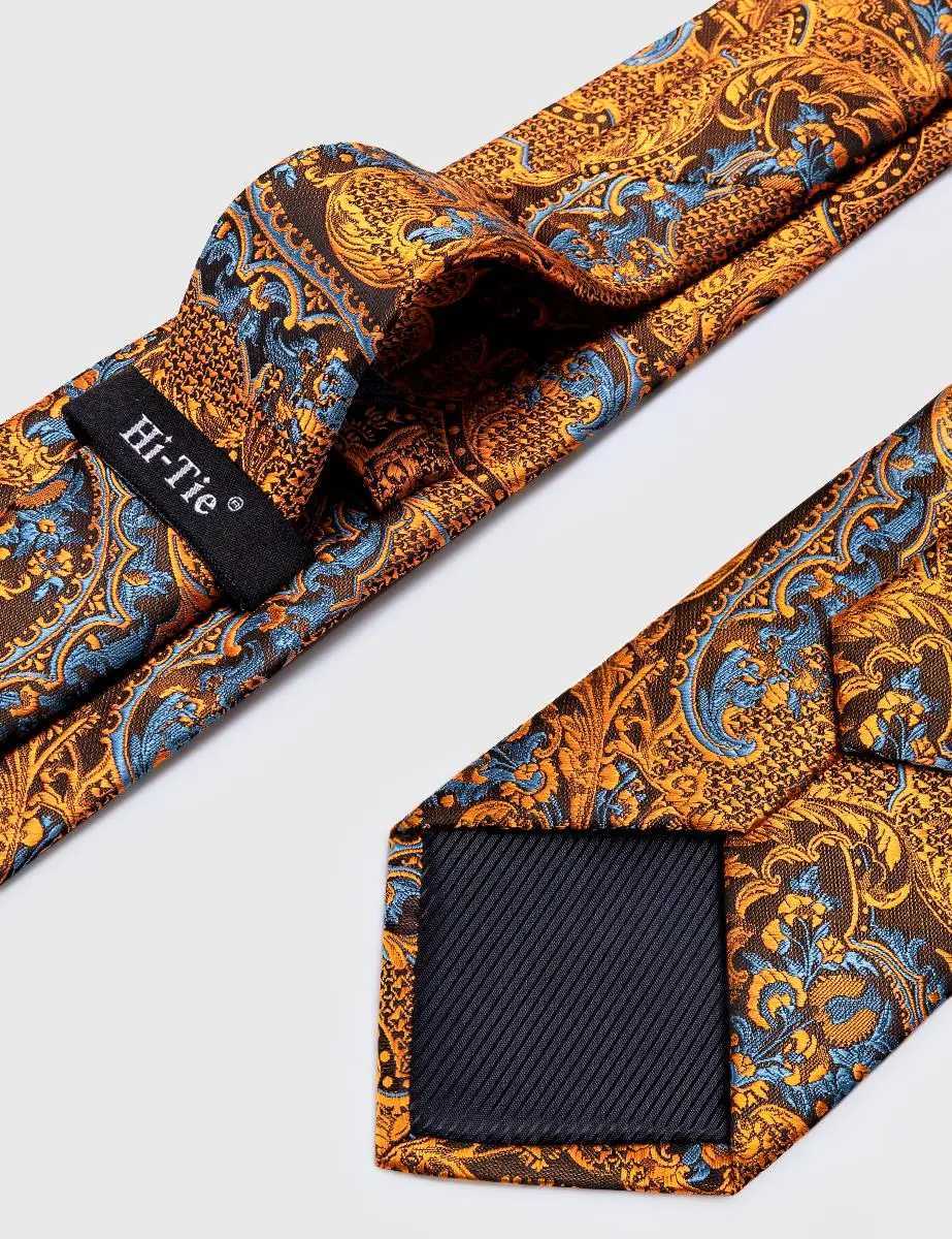 Hi-Tie 100% Silk Luxury Mens Ties Floral Black Gold Ties Paisley NeckTie Pocket Square Cufflinks Set Mens Wedding Party Tie X250407