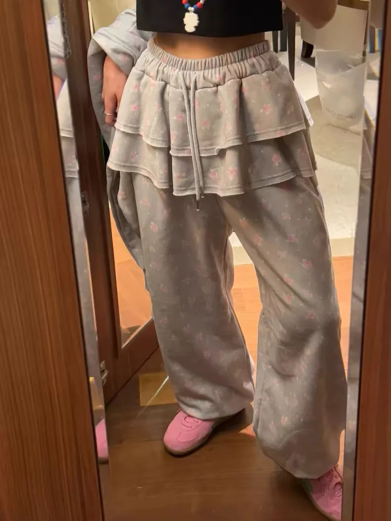 Full flower pattern printing element two piece casual sports pants spring daily outfit straight pants Y2K pants 250402