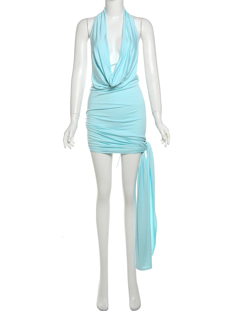 Nibber Fashion Side Split Sexy Dress Women Multilayer Knot Ribbon Halter Swing Collar Backless Sleeveless 2 Ways Wear Bodycon 250408