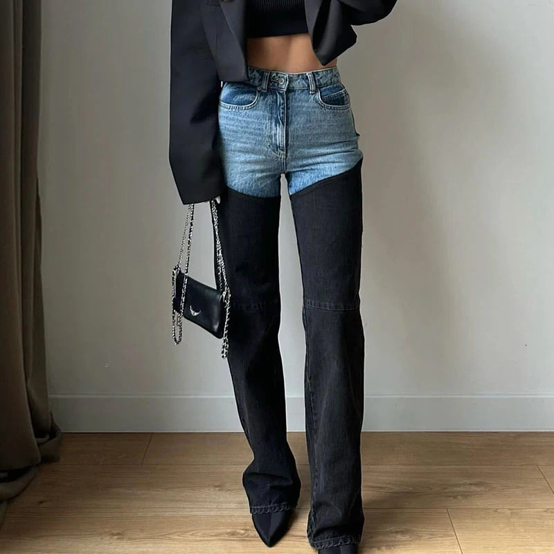Fashionable color patch work jeans for womens casual Distressed denim pants fashionable products straight leg in spring 250407