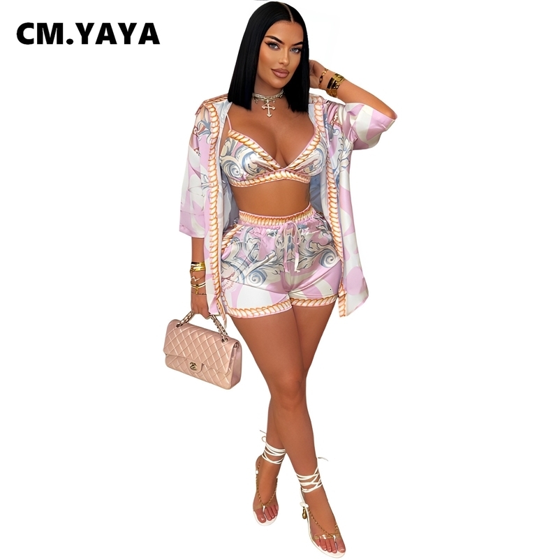 CM.YAYA Paisley Printed Womens Set Three Quarter Sleeve Top and Shorts Beach 3- Piece Sets Outfit Tracksuits 250407