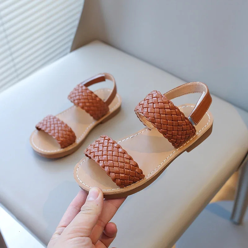 Kids Sandals for Girls Summer Girls Weave Sandals Children Beach Shoes Open Toes Flat Anti-skid Rubber Ankle Strap 250407