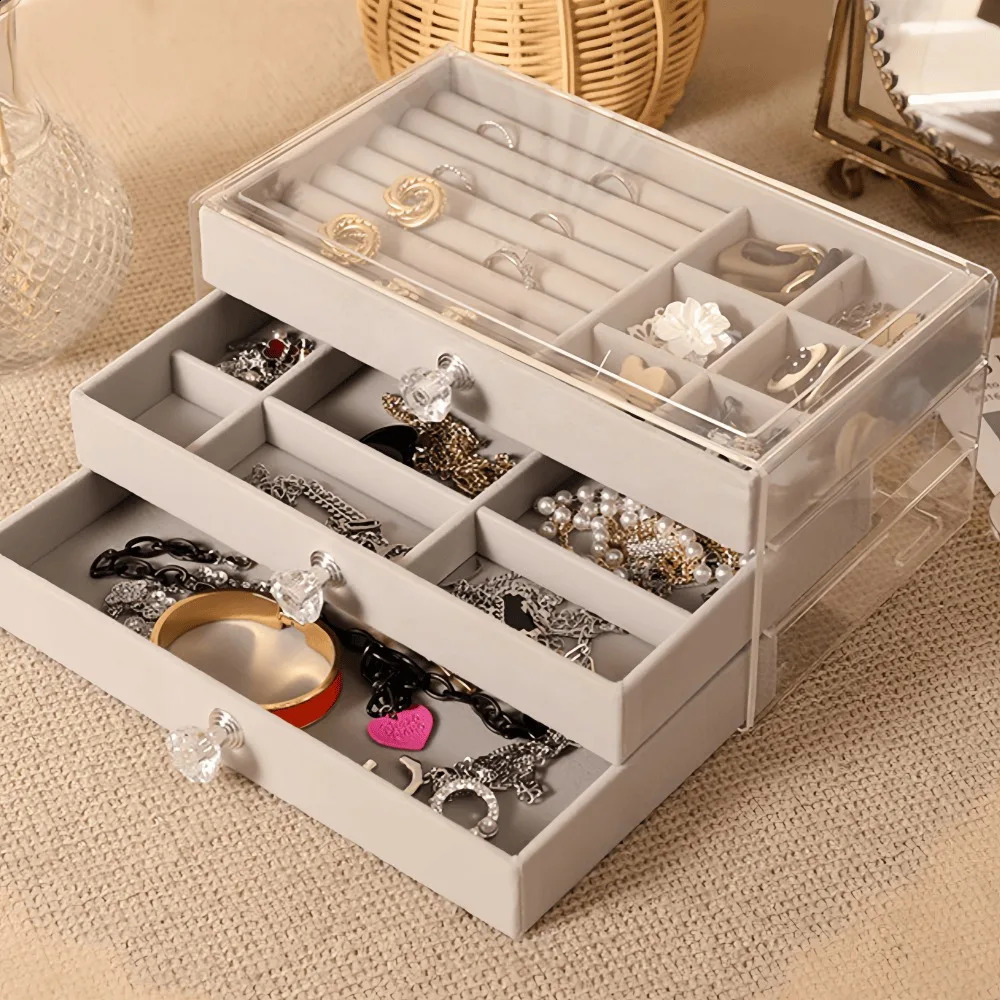 Acrylic Velvet Jewelry Organizer with 3 Drawers Stackable Display Storage Earrings Necklace Bracelets Box Holder Case for Women 250407