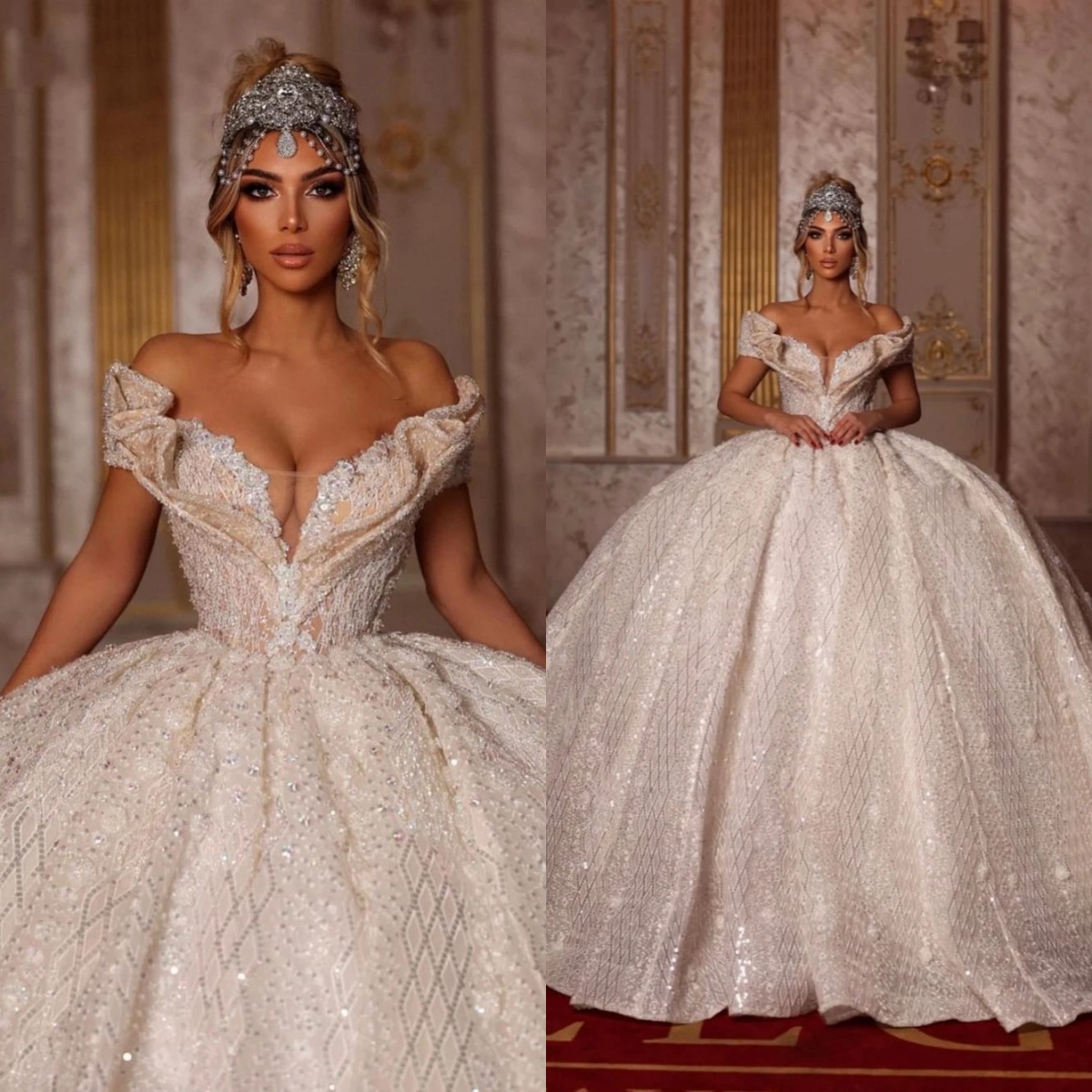 Sparkly V Neck Princess Wedding Dress Sexy Off the Shoulder Bridal Gown Customized Stunning Ball Pearls Bride Women Wear
