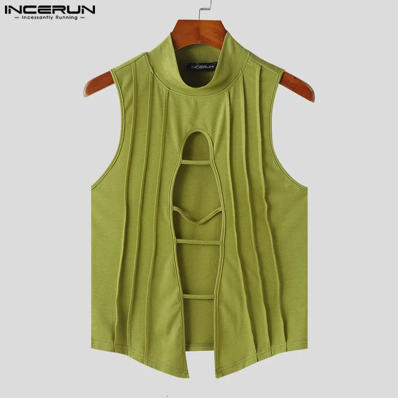 Fashion Club Clothing Style Top INCERUN Mens Hollow Half High Neck Knitted Tank Top Fashion Mens Sleeveless Solid Tank Top S-5XL 250403
