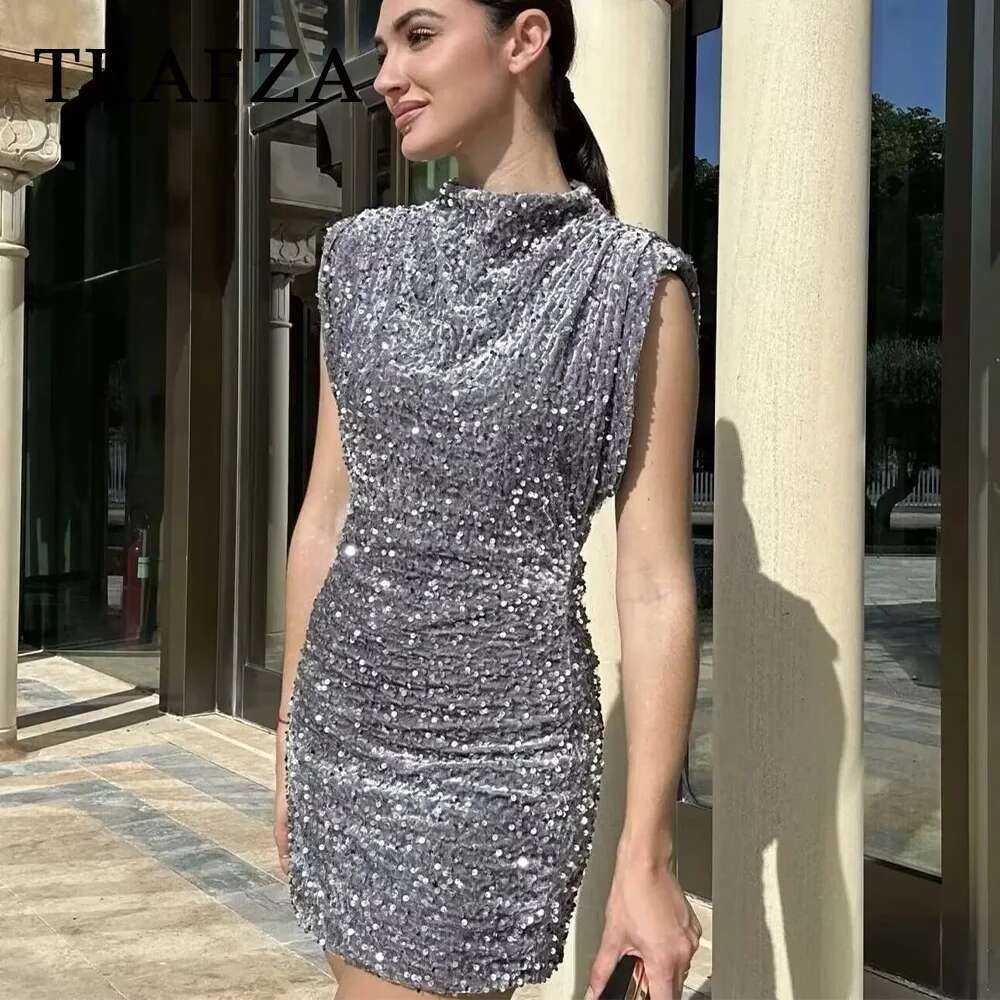 TRAFZA 2025 Sequined Shoulder Pad Sheath Mini Dress Sleeveless Nightclub Party Women Elegant Chic Dresses