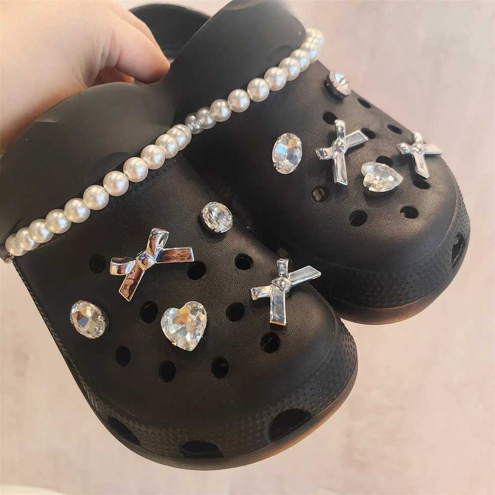 DIY Pearl Rhine River Sier Bow Shoe Decorative Buckle for Charm Hole Shoe Accessories Y250403