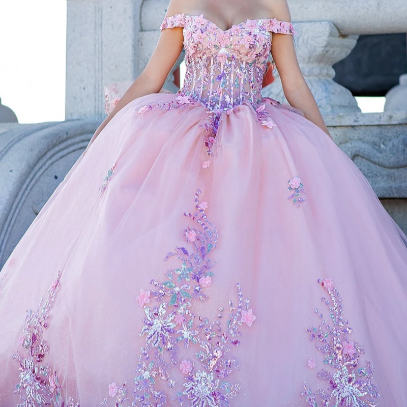 Pink Quinceanera Dresses Off Shoulder Ball Gown Sweet 16 Dress Sequin Applique Lace Beads Bow Tull Birthday Party Vestidos 15 De Anos