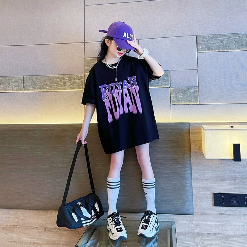 Ddmyshoesvip 220G Girls Short T Shirt For Summer New Long Half Sleeved Big Children S Stylish Loose Summer Outfit Explosive Street Top