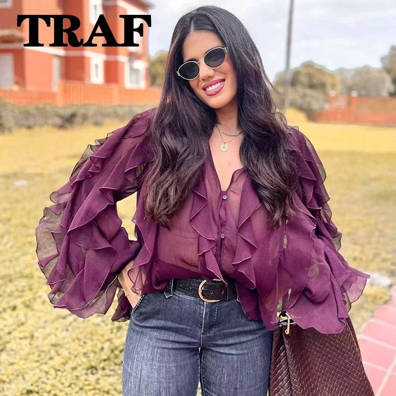 TRAF Woman Rucffles Shirt Sexy Semi-Transparent Loose Shirts for Women V-Neck Long Sleeve Womens Casual Shirt And Blouses Top 250408