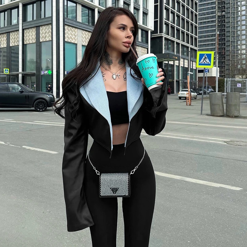 CUTENOVA Autumn Cardigan Sexy Short Jacket Flip Collar Denim and Leather Patch Workwear Top Womens Casaul 250407