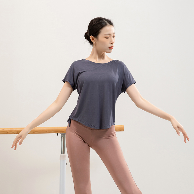 Summer yoga clothes short sleeve T-shirts women beautiful backslits slam blouses loose running sports and fitness tops dance practice
