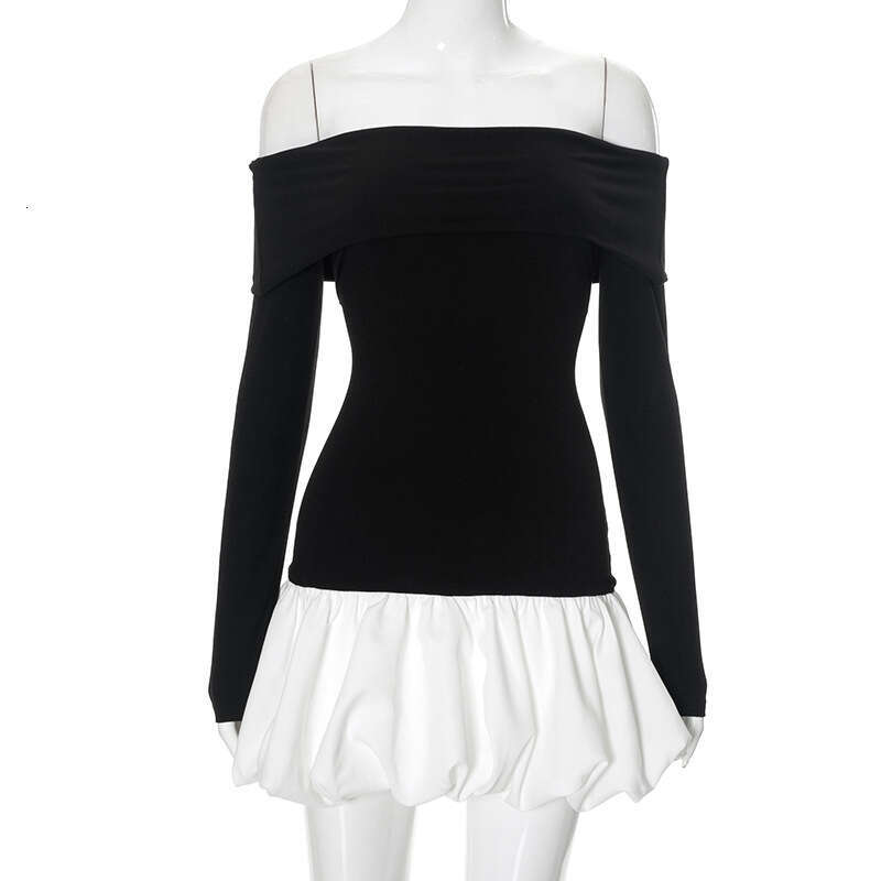 Sanhu Lianjiang G24DS146 European and American women's one necked off shoulder long sleeved patchwork wer bud skirt wholesale new casual versatil