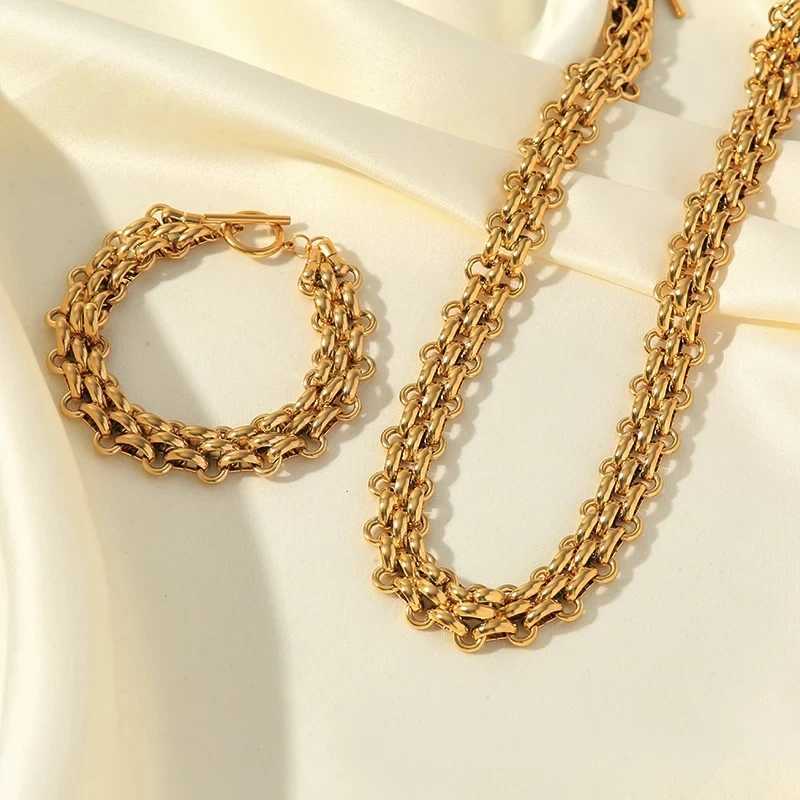 Ganemly 316L Stainless Steel Cuban Chain Declaration Necklace Bracelet Set Womens Fashion 18K Gold Plated Waterproof Jewelry Y250408