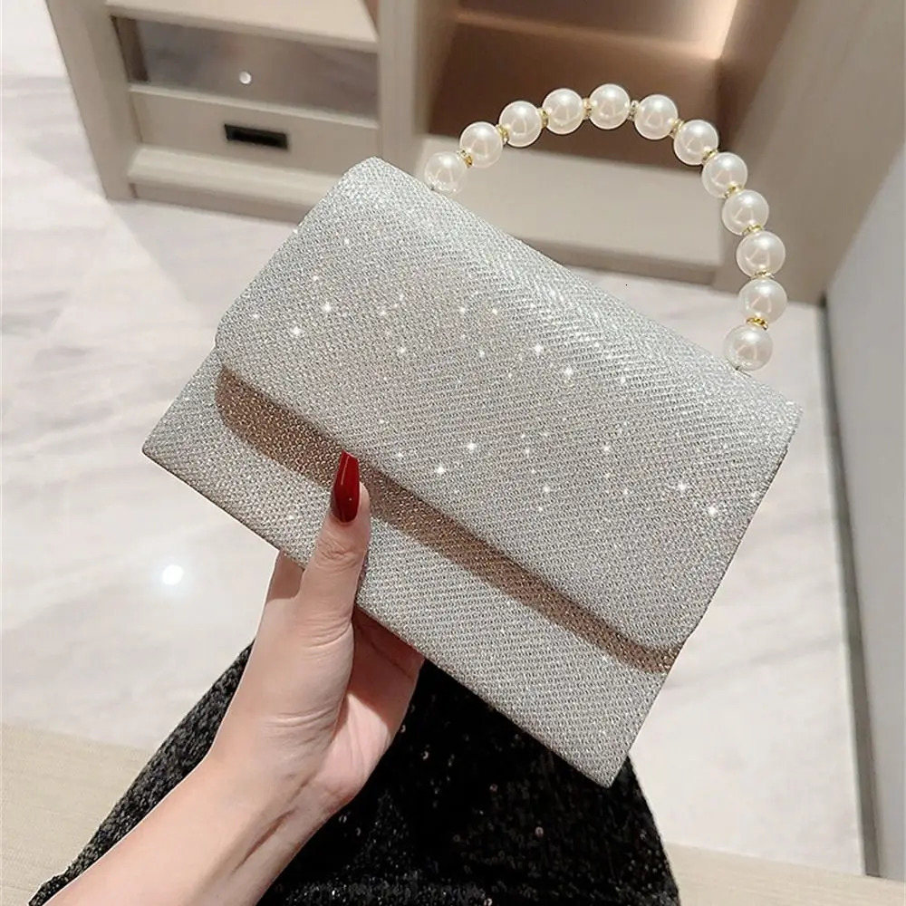 Pearl chain shoulder bag wallet gold shiny silk evening bag womens elegant and fashionable spherical clutch womens handbag 250402