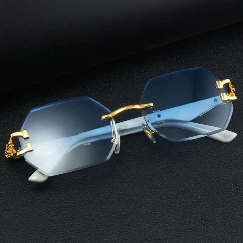 Vintage Rimless Polygonal Metal Frame Sunglasses with Leopard DesignTemples Unisex Outdoor Party Vacation Travel Driving Photo