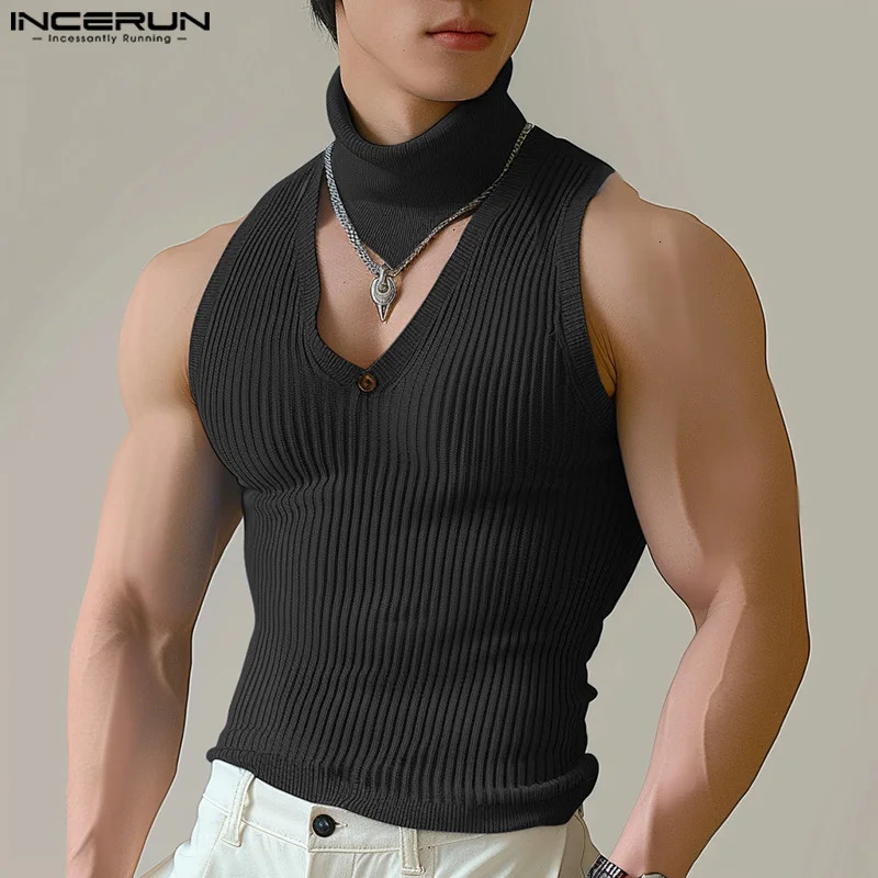 Mens Tank Top Solid Color Turtle Neck Sleeveless Hollow Street Mens Summer Fashion Casual Mens Wear INCERUN 250403