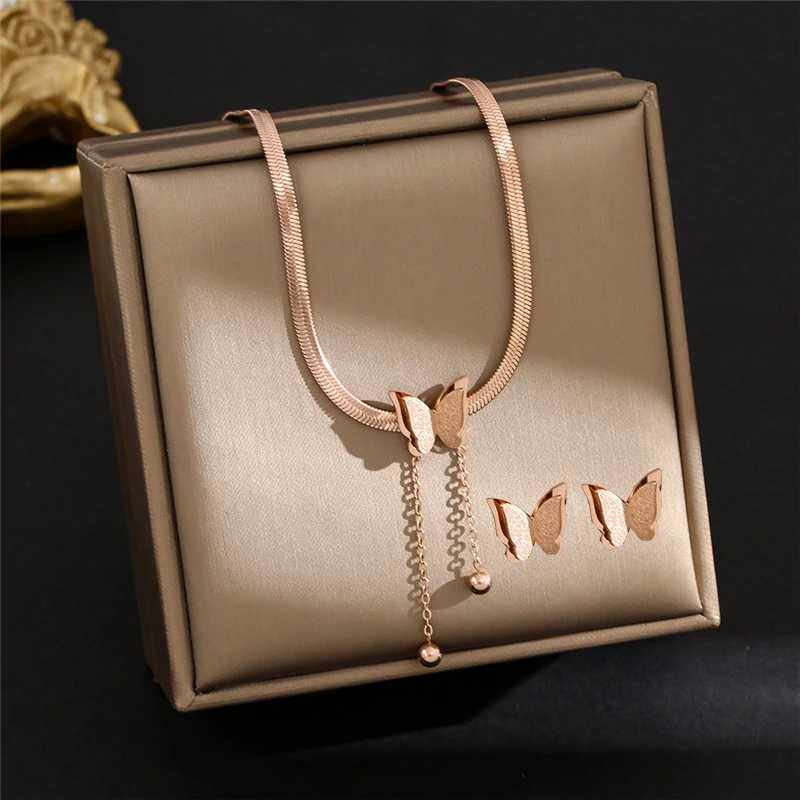 316L Stainless Steel Double-layer Snake Bone Chain Frosted Tassel Butterfly Pendant Necklace Earring For Womens Jewelry Set Y250408