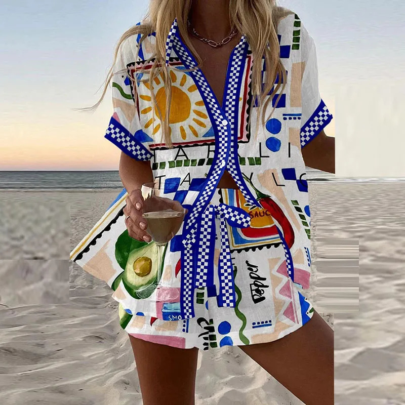 Summer Beach suit Women fashion lapel short sleeve shirt and elastic waist short two piece set Female vocation style print set 250407