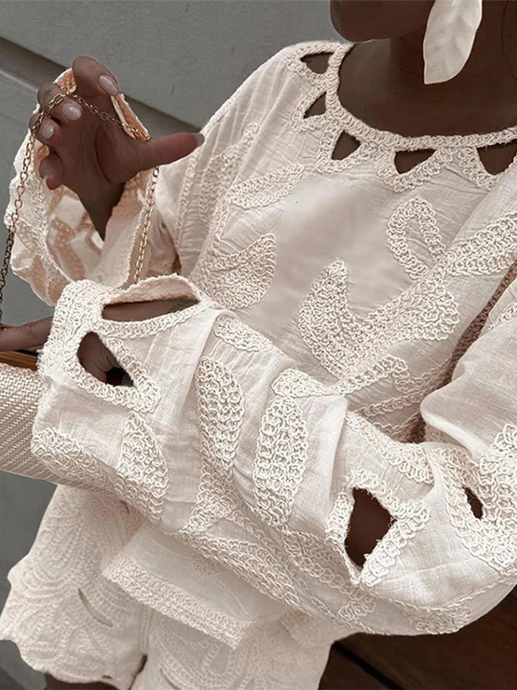 Hollow Embroidered Shirt Set for Women Loose Solid Full Sleeve Irregular High Waist Shorts Set for Women Spring Dress 250402
