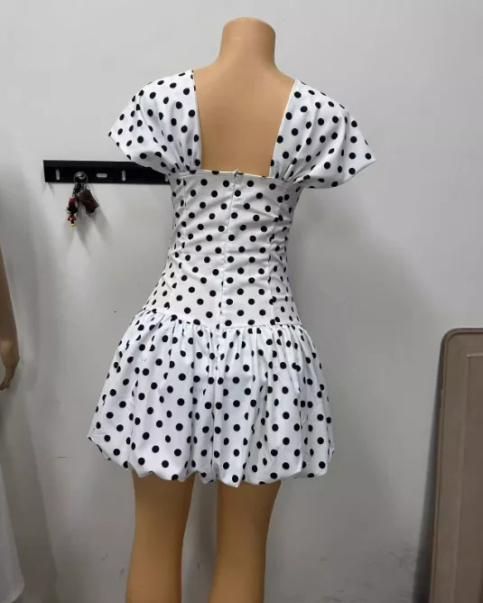 CM.YAYA Women Dot Printed Draped Big Swing Waist Dress 2025 Short Sleeve Evening Sexy Club Party Evening High Street Dresses 250407