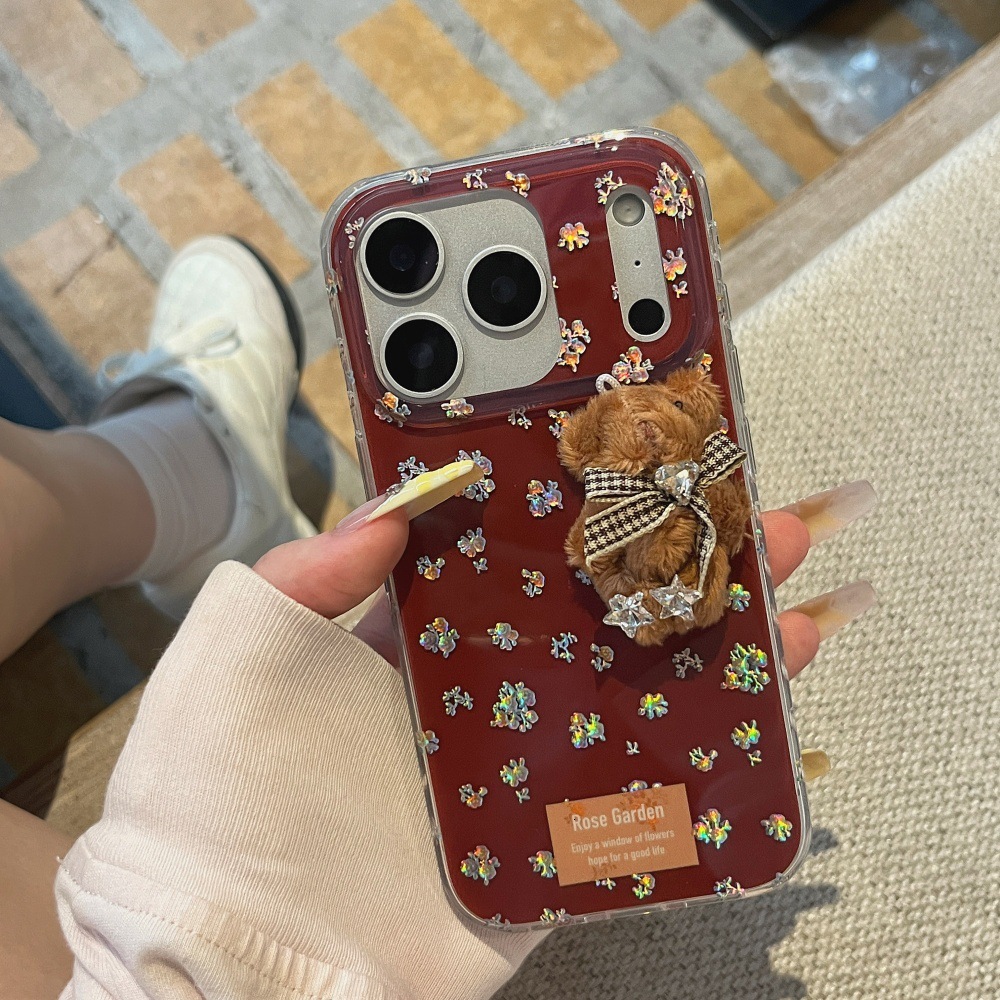 Floral Bear Phone Case Compatible with iPhone 17/16 Pro Max Cartoon Pendant Case 15/14 Pro