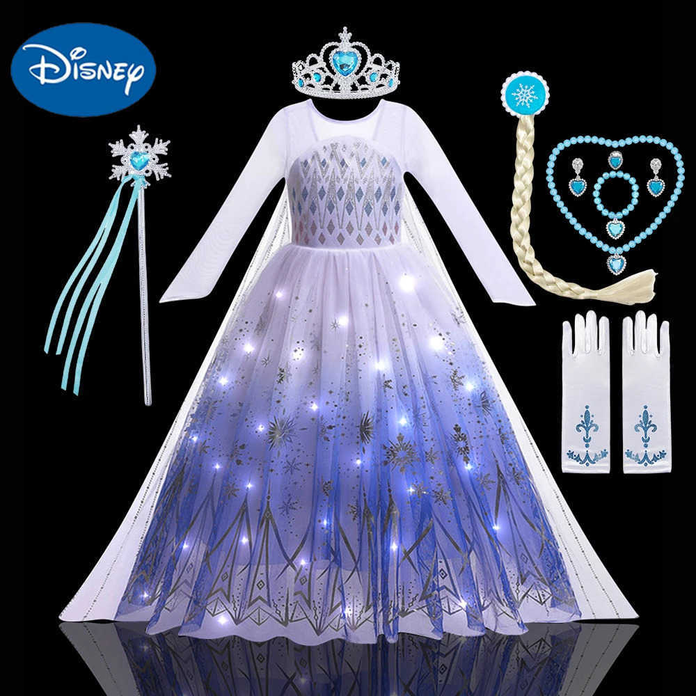 Disney 2PCS LED Light Up Snow Queen Costume for Kids Girl Elsa Birthday Party Luxury Princess Cosplay Children Carnival Clothing Outfit X250408