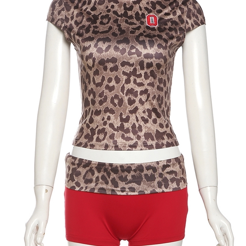 Weird Puss Leopard Print Women 2 Piece Set Tracksuit Sexy Shorts Sleeve Crop TopsShorts Stretch Matching Outfits 250407