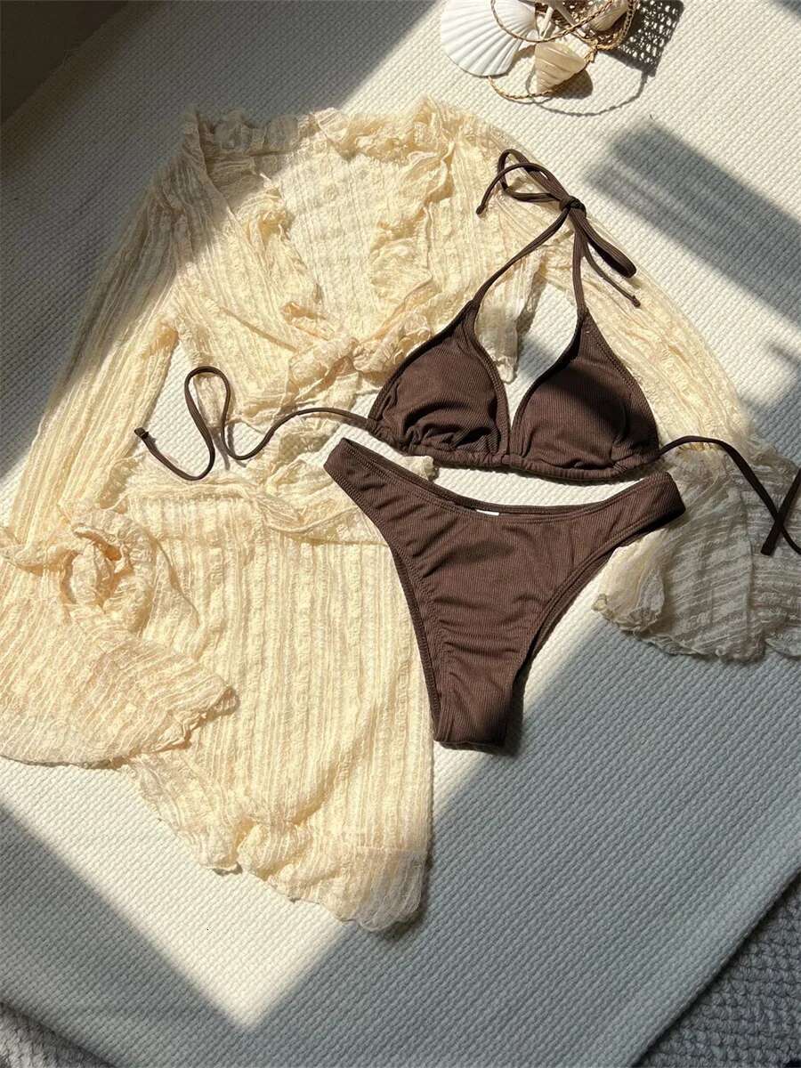 Dongdumaoyi Pieces Bikinis Sets Women Mesh Long Sleeve Cover Up With Beach Skirt Swimwear Holiday Bathing Suit Patchwork Swimsuit