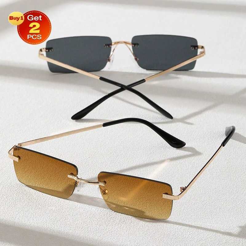 2PCS mens cool sunglasses with frameless rectangular frame glasses used for daily life outdoor travel and womens glasses. W250408