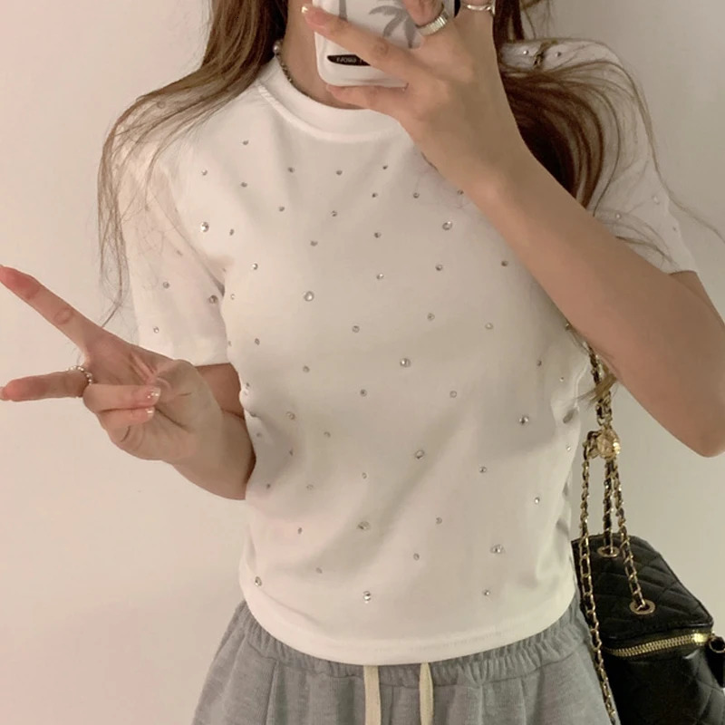 Korean style womens T-shirt Ropa Mujer fashion heavy diamond short sleeved O-neck summer Korean T-shirt casual crop top Y2k T-shirt 250402